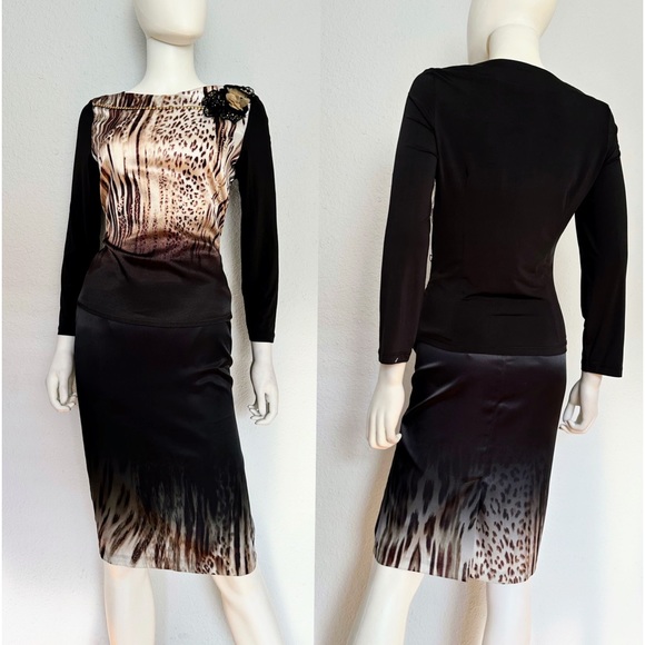 POLEN POE Dresses & Skirts - NWT POLEN POE 2PC‎ SET SKIRT/BLOUSE SATIN BLACK ANIMAL PRINT 3/4 SLEEVES